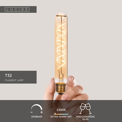 Lucide T32 - Filament lamp - Ø 3,2 cm - LED 3 StepDim (Memory) - E27 - 1x4,9W 2200K - Amber